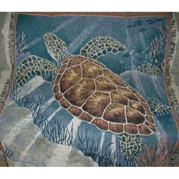 New Large Sea Turtle Afghan Throw Gift Blanket Ocean Honu Turtles Tortoise NIP - Picture 2 of 2